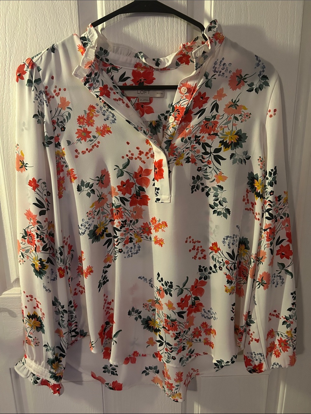 LOFT White Floral Ruffle-Neck Long Sleeve Blouse
